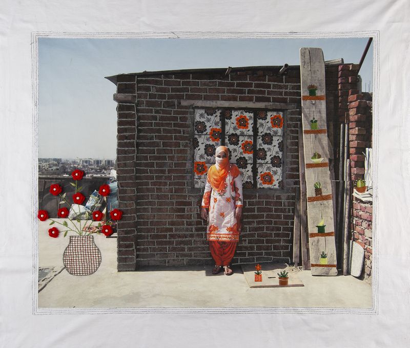 © Spandita Malik - Aayesha 2020 Medium: Photographic Transfer Print on Khadi, Embroidery, Crochet Size: 46.5 x 38 inch