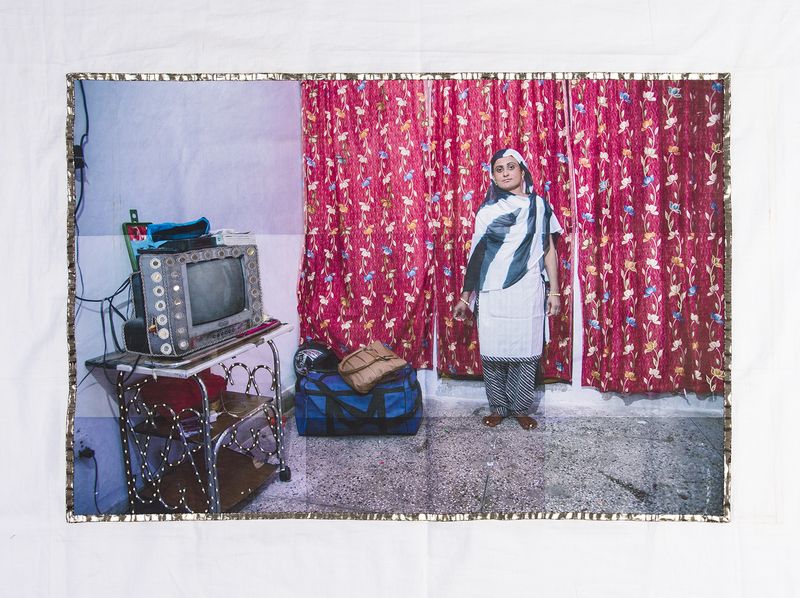 © Spandita Malik - Firoza 2019 Medium: Photographic Transfer Print on Khadi, Gotta Patti and Mirror Embroidery Size: 33 x 23 inch