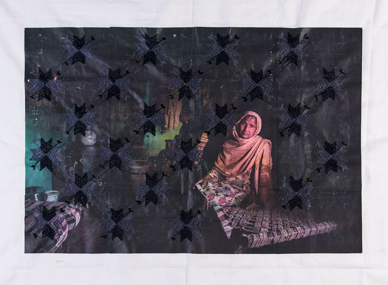 © Spandita Malik - Lakhbir Kaur 2019 Medium:Photographic transfer print on Khaddar Fabric, Phulkari Silk thread embroidery Size: 41 x 39 inch