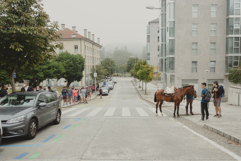 © Ana Norman Bermudez - Walking, cycling and horse-riding pilgrims line up to get their pilgrimage certificates.