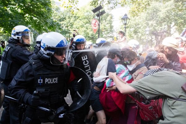 SPVM pepper spraying demonstrators.