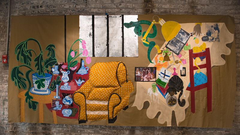 © Cheryl  Mukherji - Domesticities, 2024, Backdrop: image transfer, acrylic paint, fabric applique, embroidery, 5 ft x 9 ft