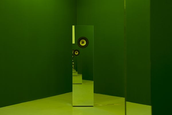 © Peter Watkins - Installation View, Gallerie NoD, Mother Tongue, Twin Sound Columns Tape Deck and Amplifier Looped 60 minute Audiocassette