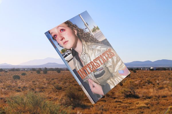© William Hohe - Mockup of INTERSTATES photobook cover, featuring "Tear in Gallup," a portrait of Charlotte at a street corner in New Mexico.
