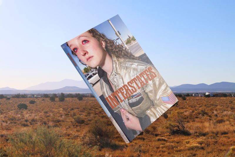 © William Hohe - Mockup of INTERSTATES photobook cover, featuring "Tear in Gallup," a portrait of Charlotte at a street corner in New Mexico.