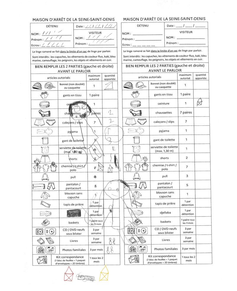 © Judith Crico - List of permitted belongings to bring to the inmates. Paris, 2023.