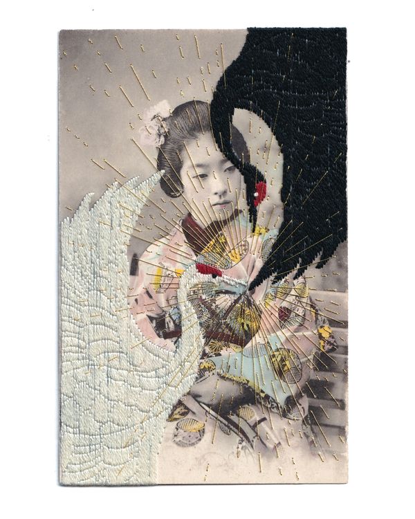 © Yukimi Akiba - N°106  'Touch' - Myths Breathe, Chapter 2 / Hand-embroidered on a hand-colored vintage Japanese postcard.