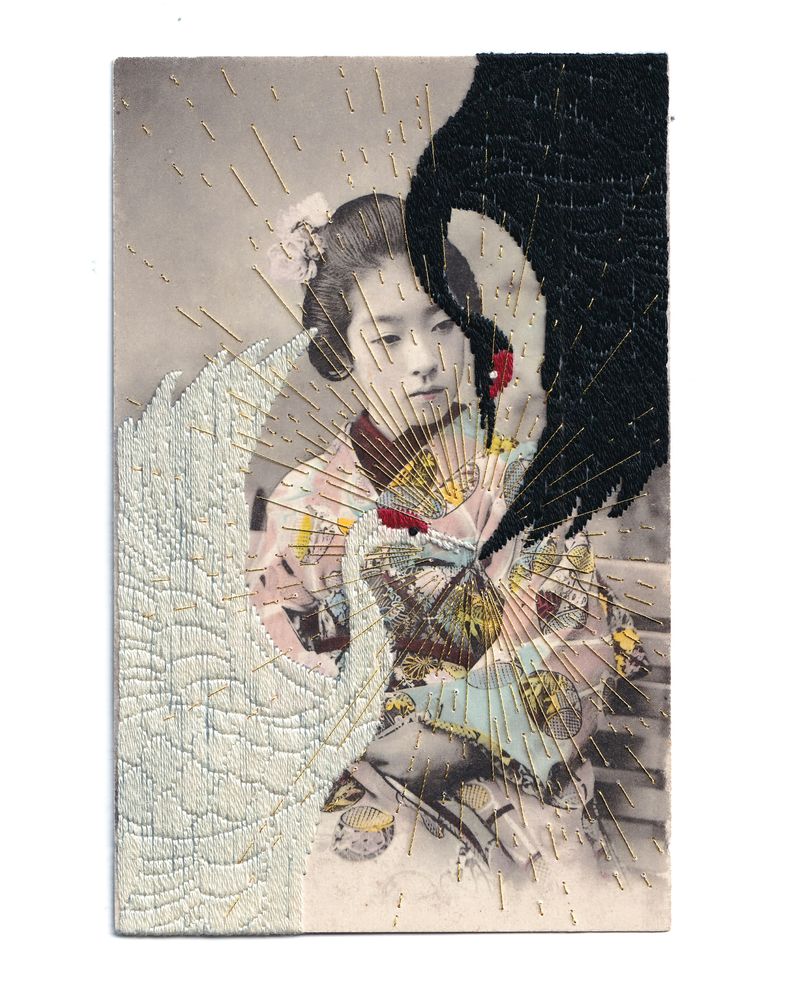 © Yukimi Akiba - N°106  'Touch' - Myths Breathe, Chapter 2 / Hand-embroidered on a hand-colored vintage Japanese postcard.