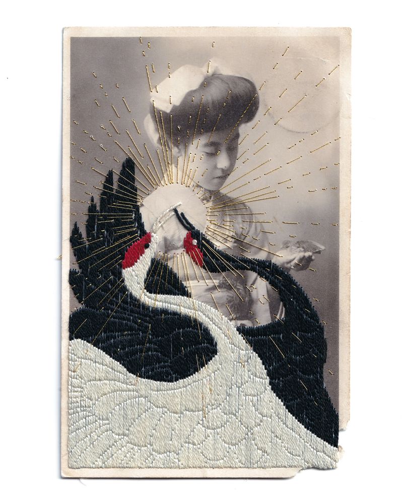 © Yukimi Akiba - N°111  'Protect' - Myths Breathe, Chapter 5 / Hand-embroidered on a vintage Japanese postcard.
