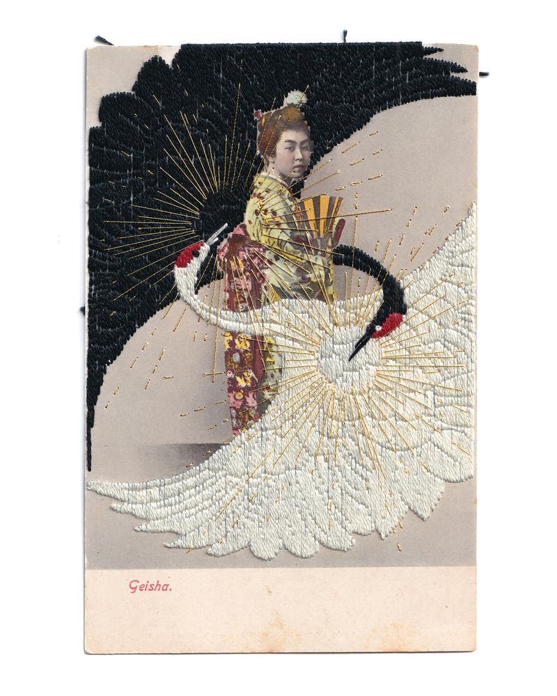 © Yukimi Akiba - N°113  'Recall' - Myths Breathe, Chapter 6 / Hand-embroidered on a beautifully toned vintage Japanese postcard.