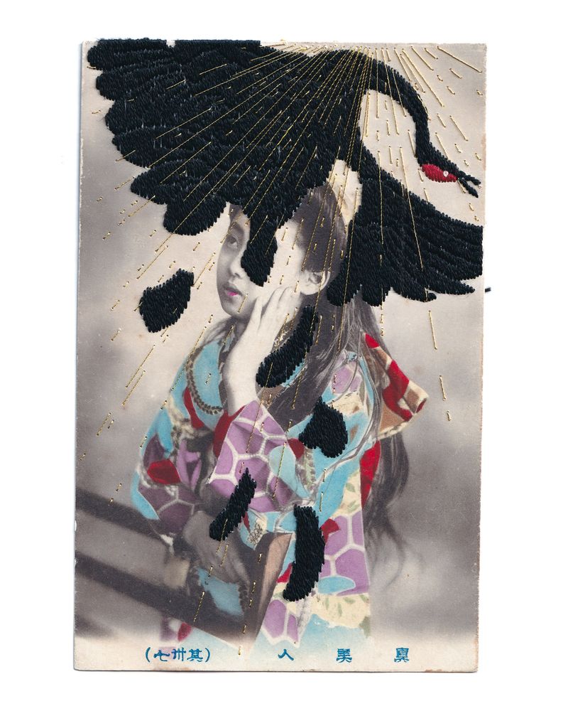 © Yukimi Akiba - N°108  'Thaw' - Myths Breathe, Chapter 3 / Hand-embroidered on a hand-colored vintage Japanese postcard.