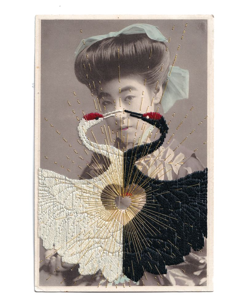 © Yukimi Akiba - N°114 'One' - Myths Breathe, Chapter 6 / Hand-embroidered on a hand-colored vintage Japanese postcard.