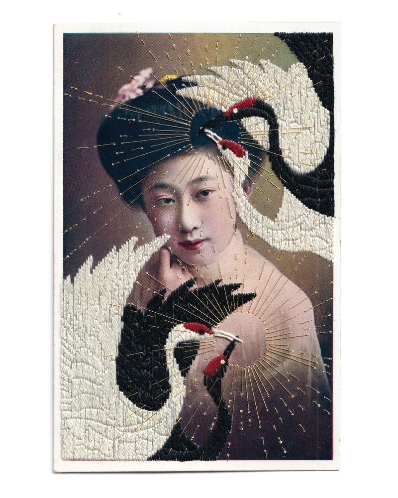 © Yukimi Akiba - N°112  'Embrace' - Myths Breathe, Chapter 5 / Hand-embroidered on a vintage Japanese postcard.