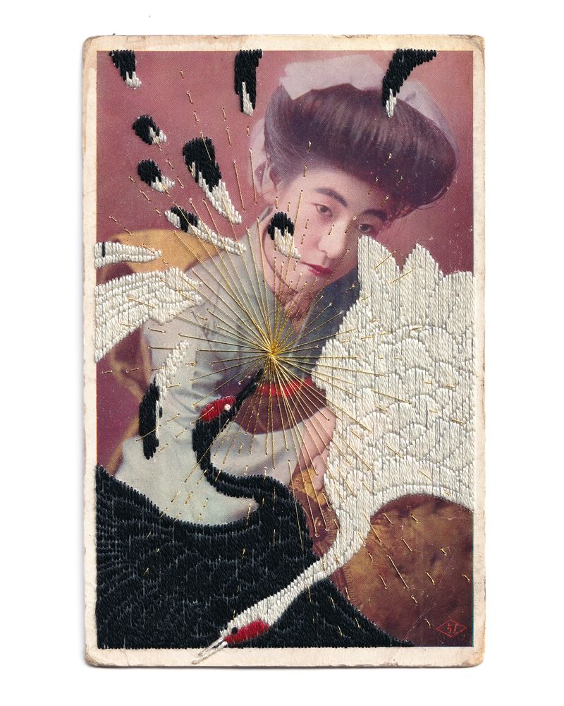 © Yukimi Akiba - N°110  'Echo' - Myths Breathe, Chapter 4 / Hand-embroidered on a vintage Japanese postcard.