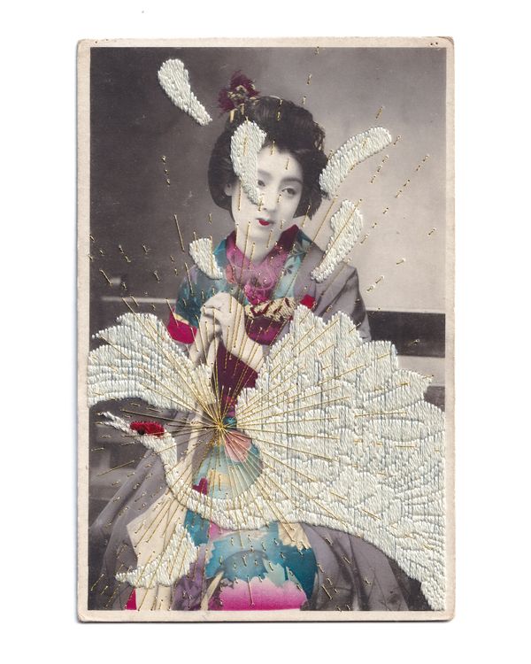 © Yukimi Akiba - N°107  'Doubt' - Myths Breathe, Chapter 3 / Hand-embroidered on a hand-colored vintage Japanese postcard.