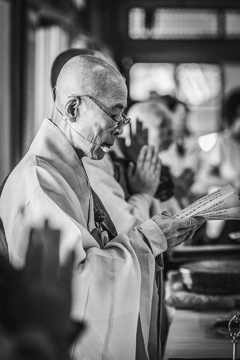© Min A Choi - An elder Buddhist nun reads from a ritual text, hands steady. Jingwansa Temple, 2026
