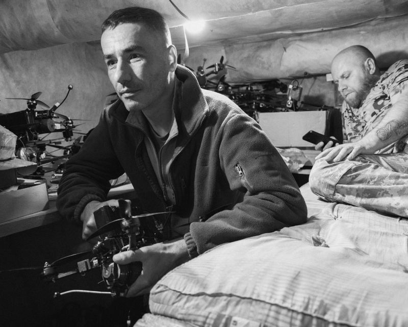 © David Hadland - FPV kamakaze drone team in their dugout near the southern frontline city Orikhiv. 2025