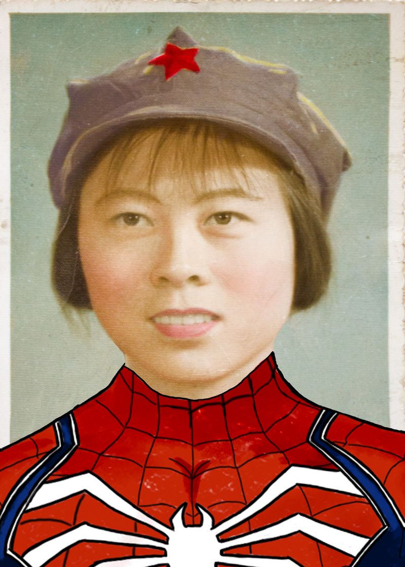 © Sijia Ma - Grandma Qinglian in cultural revolution suits collaged with Mother's favorite spider man outfit.