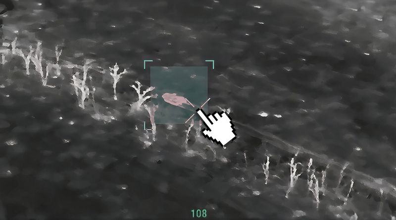 © Filippo Venturi - Frame extracted from video footage of a Ukrainian war drone, and graphically modified, while spotting a Russian tank.