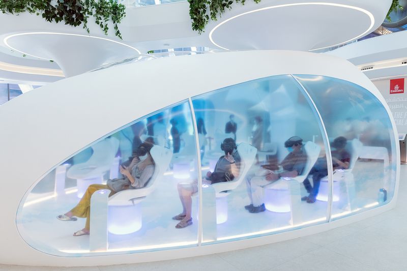 © Filippo Venturi - Visitors try a virtual reality experience. Emirates Pavilion, Expo 2020, Dubai, 2021.