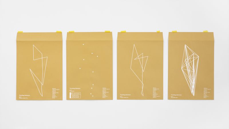 © Esther Hovers - Traveling Salesman, (Manhattan Destinations), 2019 35,6 x 45,7 cm / 14 x 18 in. Screen Print on Gummed Envelopes.