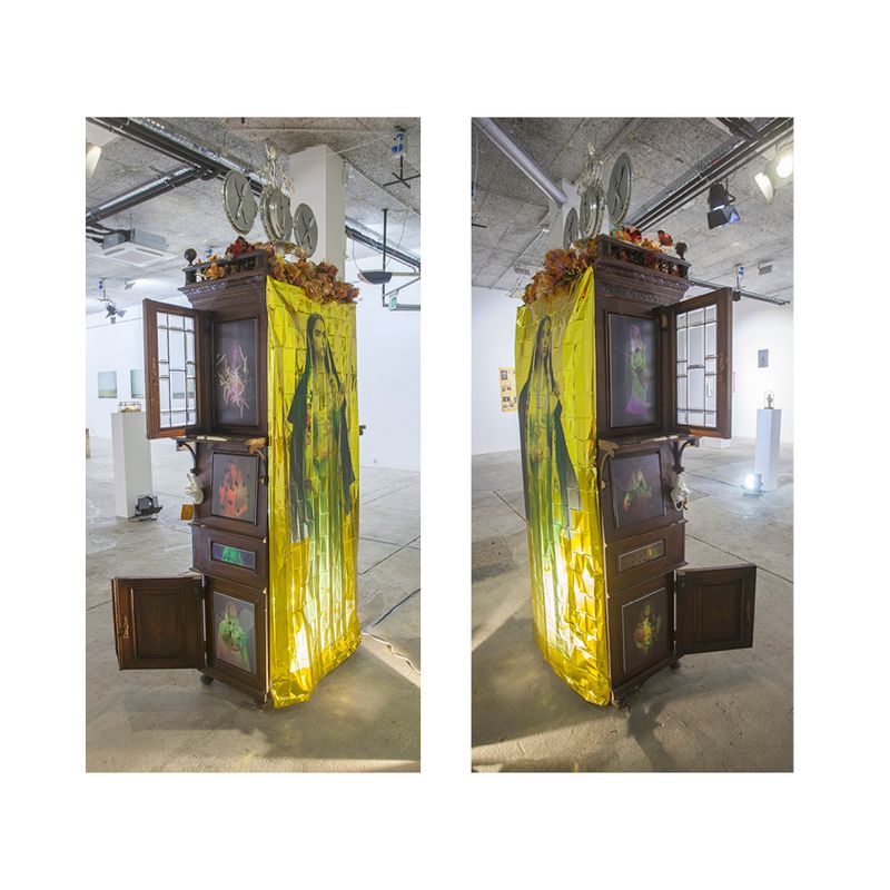 © Olga Kocsi - Multimedia Altar installation, 230x120x60cm, Godot Gallery, 2022