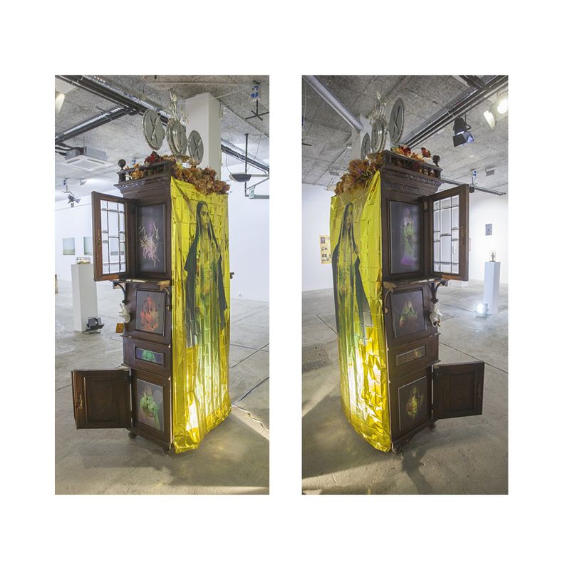 © Olga Kocsi - Multimedia Altar installation, 230x120x60cm, Godot Gallery, 2022