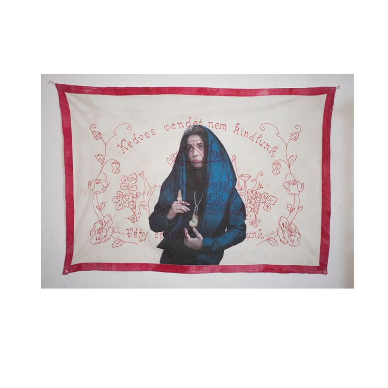 © Olga Kocsi - Dear guest, we do not offer, just take alone here from our dish. , hand embroidery and UV print, 96x68cm, 2022