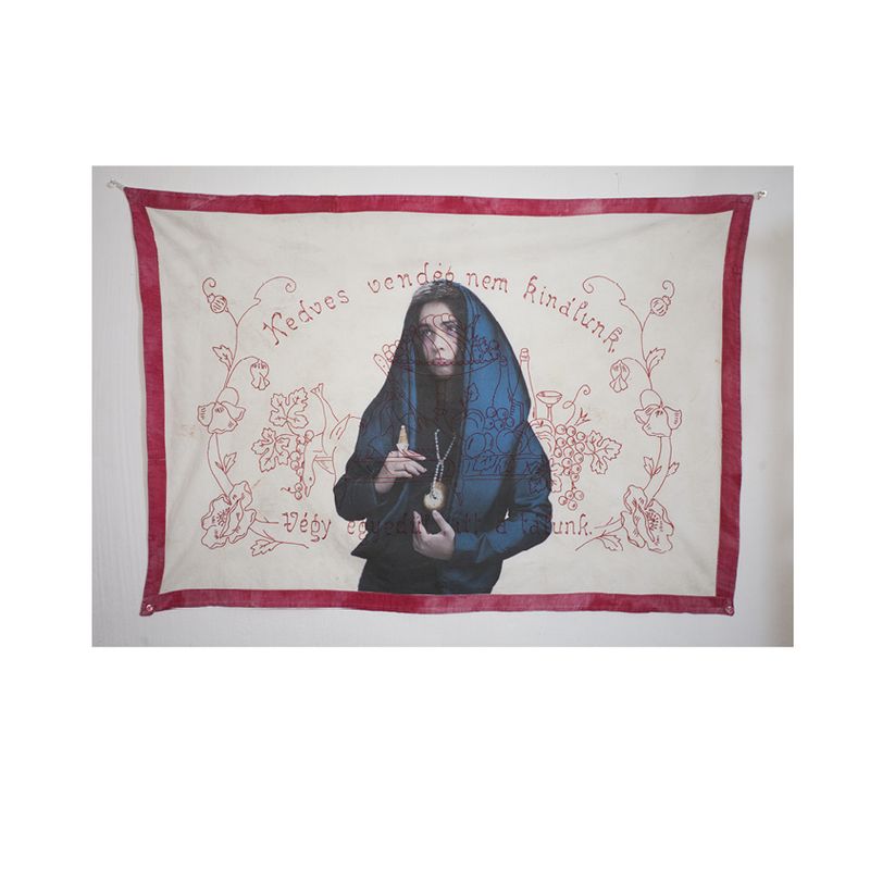 © Olga Kocsi - Dear guest, we do not offer, just take alone here from our dish. , hand embroidery and UV print, 96x68cm, 2022
