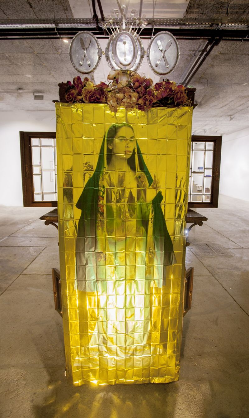 © Olga Kocsi - Altar installation back, UV printed isolation foil, Godot Gallery, 2022