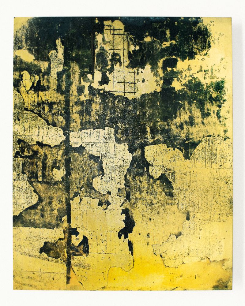 © Jörgen Axelvall - Scorch marks - untitled / flame 3 - 400x500mm  UV cured ink on brass sheet, ammonium oxidized