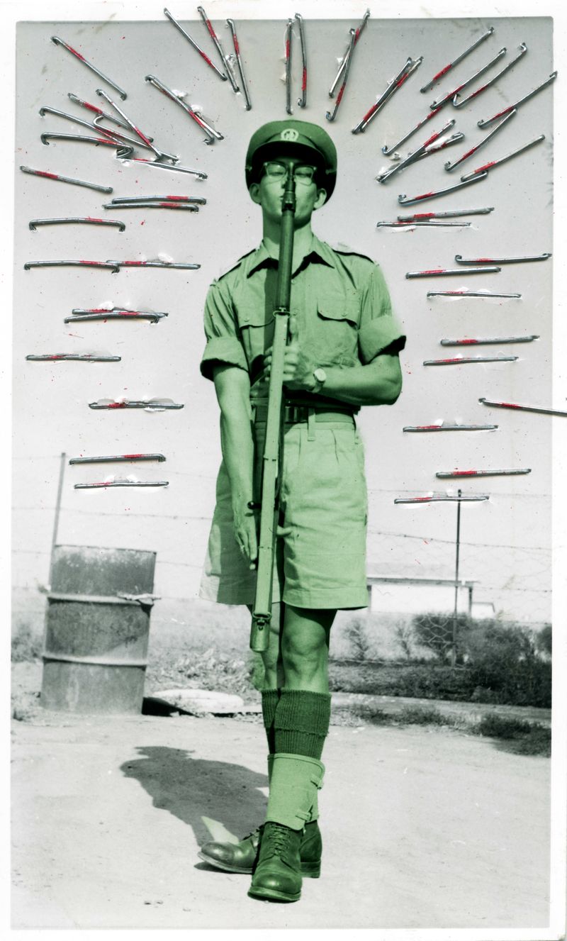 © Nadia Ettwein - Army mannetjie, 2026. Reconstructed archival image of a young man with a gun dressed in military clothes.