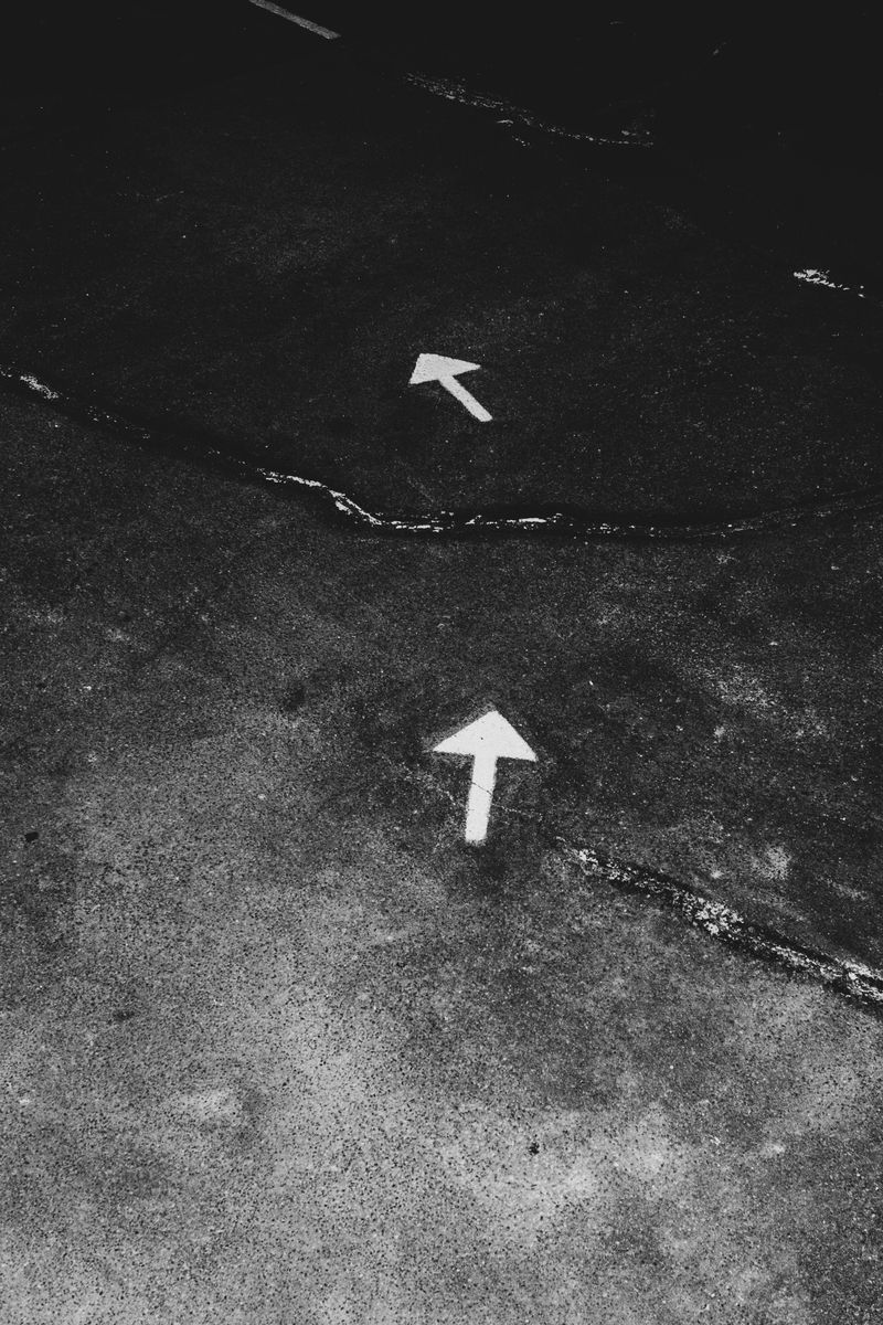 © Nadia Ettwein - Arrows, 2025. White arrows on dark asphalt, pointing different directions.