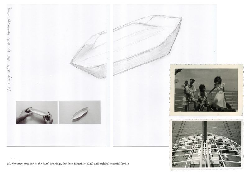 © Maite Vanhellemont - ‘His first memories are on the boat’, drawings, sketches, filmstills (2023) and archival material (1951).