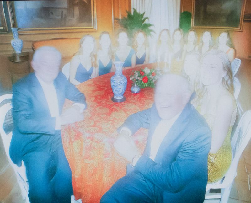 © Eva manuela rivas bao - The real interiors of Berlusconi's villa San Martino filled with AI simulation of the dinners.