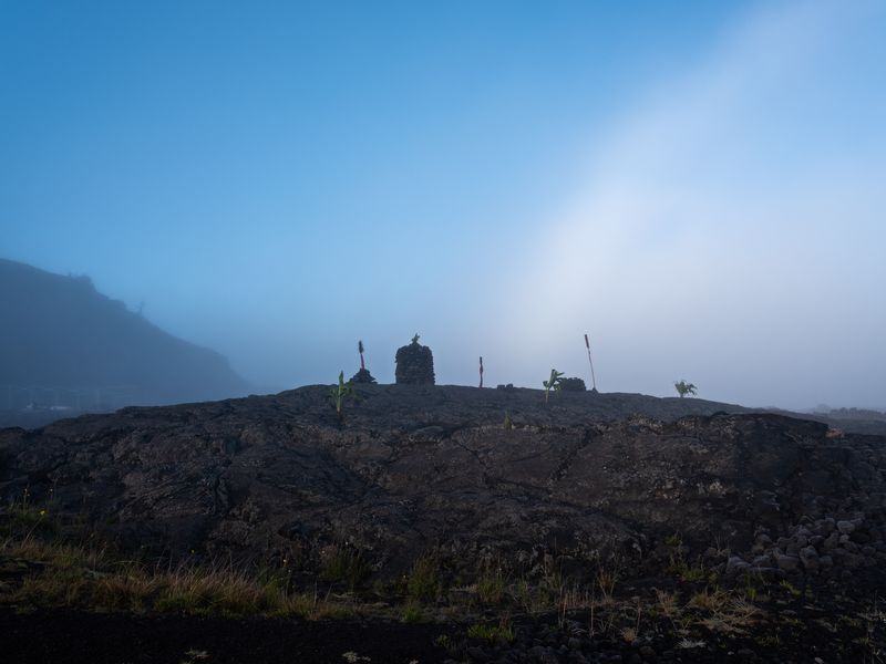© Molly Peters - A fogbow appears to extend from the ahu at the Pu’uhonua o Pu’u Huluhulu in early March.