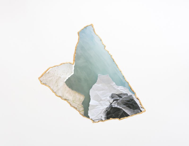 © Morvarid K - Ecotone 5 50x65cm Unique piece Fragmented photo prints on various paper, rice powder, urushi lacquer and 24ca gold powder