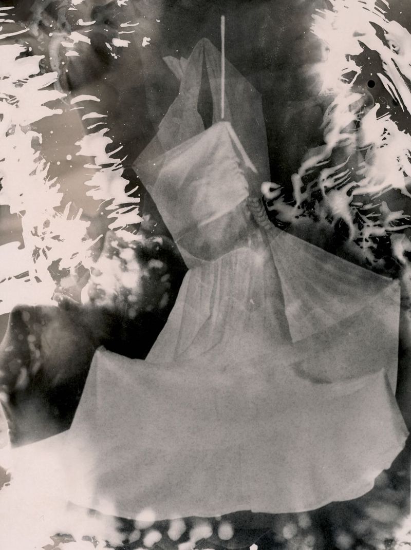 © Jo Stapleton - Imposter dress suspended with fishing wire (B&W Chemigram print)