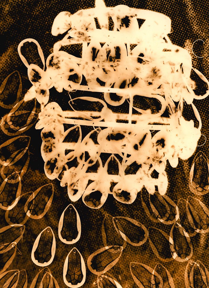 © Jo Stapleton - ©Jo Stapleton, 'metal lampshade with crystal droplets and connecting tissue' (2021)