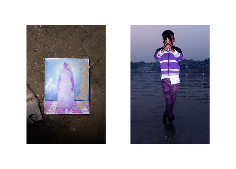 © Kanrapee Chokpaiboon - A. a photo a lady who passed away floating along The Ganges River by the 'Hell' side. B. A boy praying by Ganges River.
