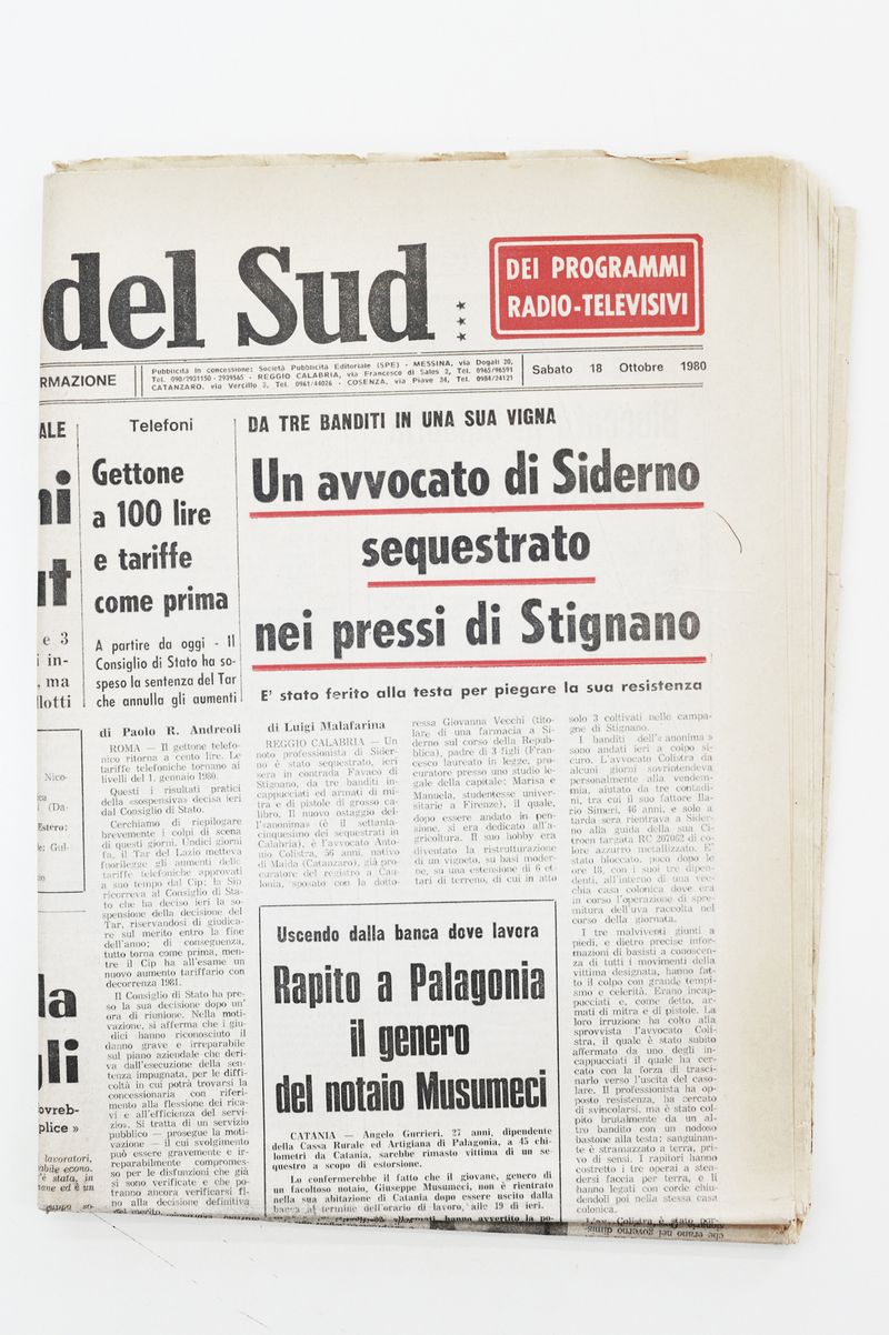 © Domenico Fabio Itri - Gazzetta del Sud (Calabrian newspaper). The news of Antonio Colistra's kidnapping. His body was never found.