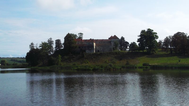 © Andrei  Kolyaskin - Lake  and   Svirzh  Castle  from  15th  century  in   village  Svirzh  of  Lviv  region , Ukraine .