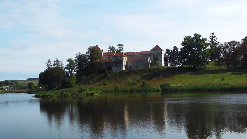 © Andrei  Kolyaskin - Lake  and   Svirzh  Castle  from  15th  century  in   village  Svirzh  of  Lviv  region , Ukraine .