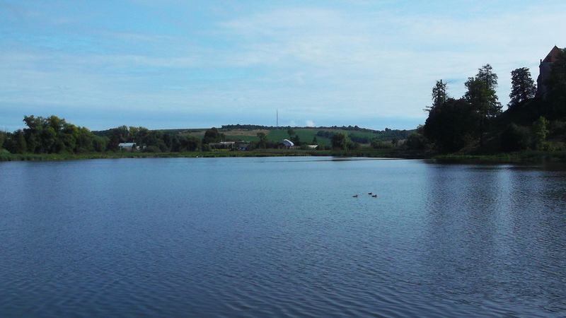 © Andrei  Kolyaskin - Lake  near   Svirzh  Castle  from  15th  century  in   village  Svirzh  of  Lviv  region , Ukraine .