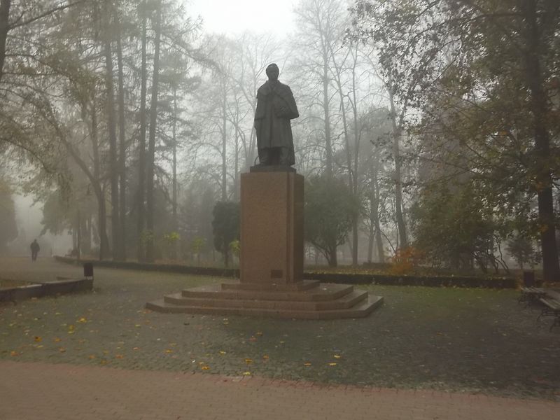 © Andrei  Kolyaskin - Foggy  autumn  morning  on  the  central  park  of  Ivano - Frankivsk  City , Ukraine .