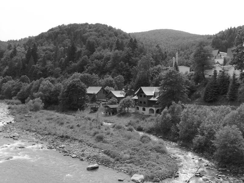 © Andrei  Kolyaskin - River  Prut  and   Carpatian  mountains  in  Carpatian  town  Yaremche  of  Ivano - Frankivsk  region , Ukraine .