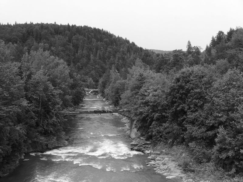 © Andrei  Kolyaskin - River  Prut  and   Carpatian  mountains  in  Carpatian  town  Yaremche  of  Ivano - Frankivsk  region , Ukraine .
