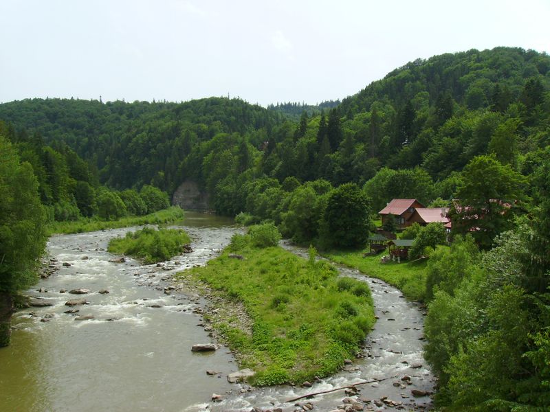 © Andrei  Kolyaskin - River  Prut  and   Carpatian  mountains  in  Carpatian  town  Yaremche  of  Ivano - Frankivsk  region , Ukraine .