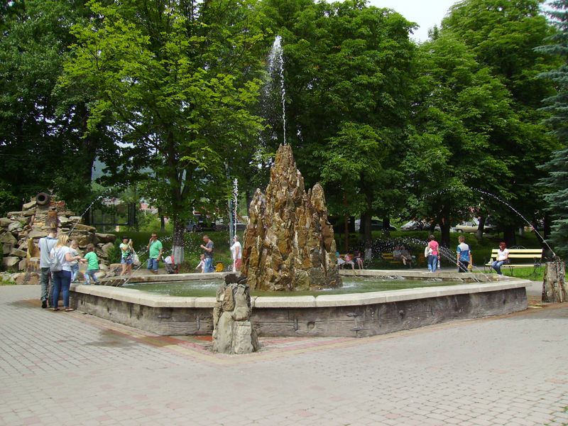 © Andrei  Kolyaskin - Fountain  of  modern  construction  in  Carpatian  town  Yaremche  of  Ivano - Frankivsk  region , Ukraine .