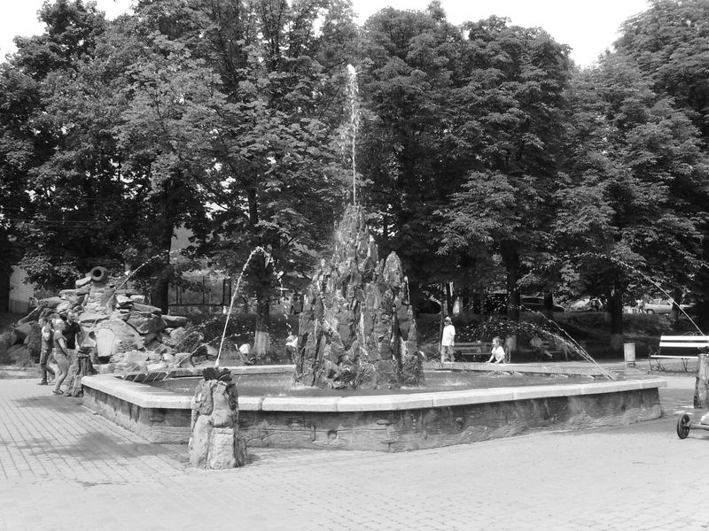 © Andrei  Kolyaskin - Fountain  of  modern  construction  in  Carpatian  town  Yaremche  of  Ivano - Frankivsk  region , Ukraine .
